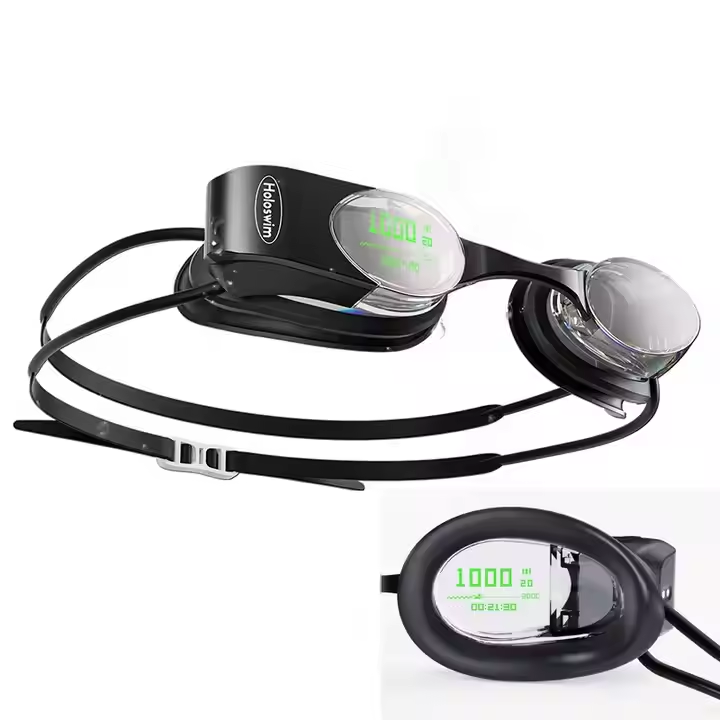 Black swim goggles with digital display on a white background