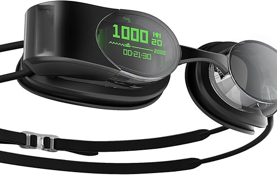 Black swim goggles with digital display on a white background