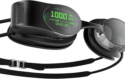 Black swim goggles with digital display on a white background
