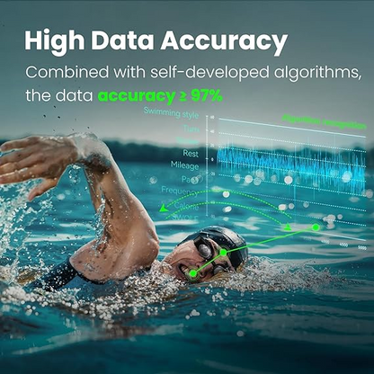 Person swimming with a digital overlay showing data accuracy and algorithms.