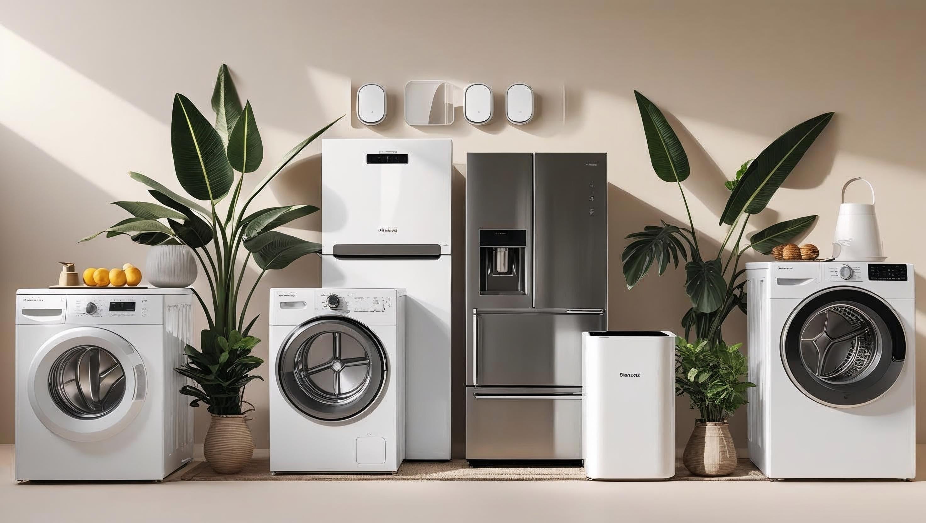 Set of kitchen appliances including a refrigerator, washer, and dryer on a neutral background.