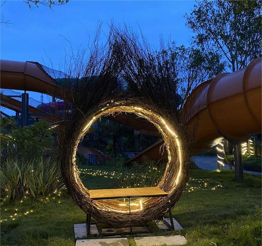 Wicker chair with lights in a park setting at night