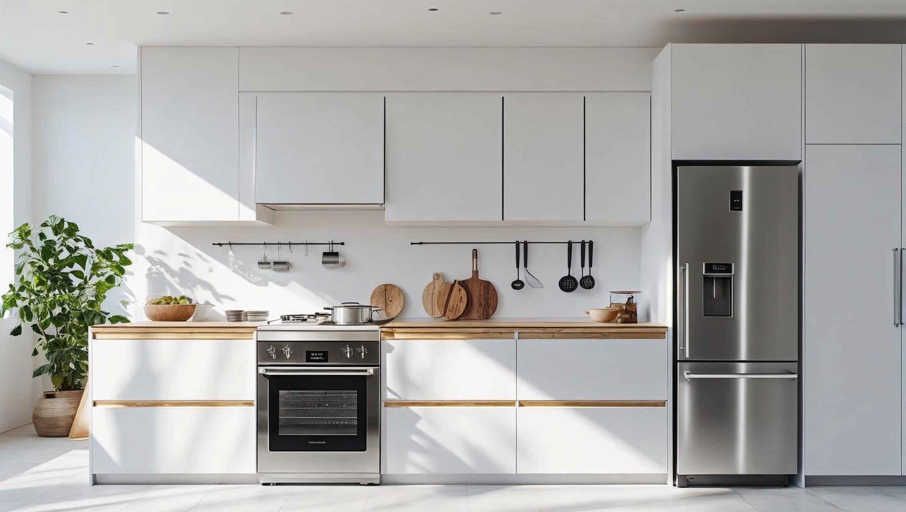 Modern kitchen with white cabinets, stainless steel appliances, and wooden countertops.