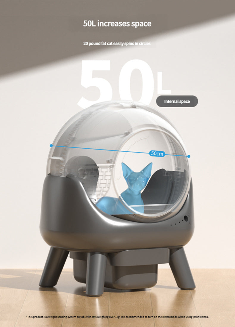 Pet bubble habitat with capacity details on a neutral background
