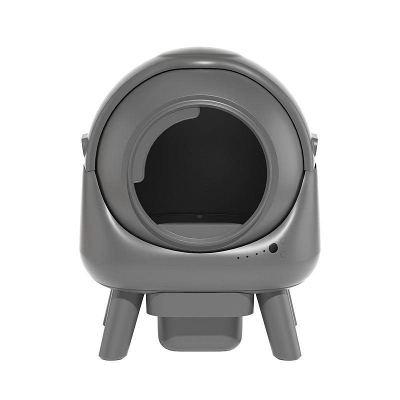 Gray pet litter box with a black interior on a white background