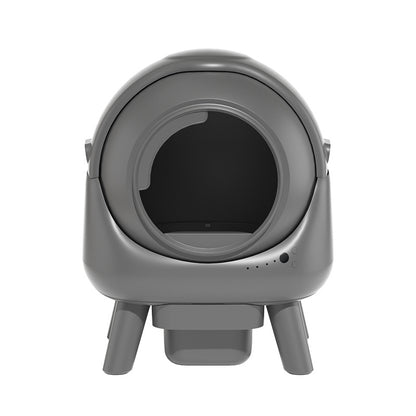 Gray pet litter box with a black interior on a white background