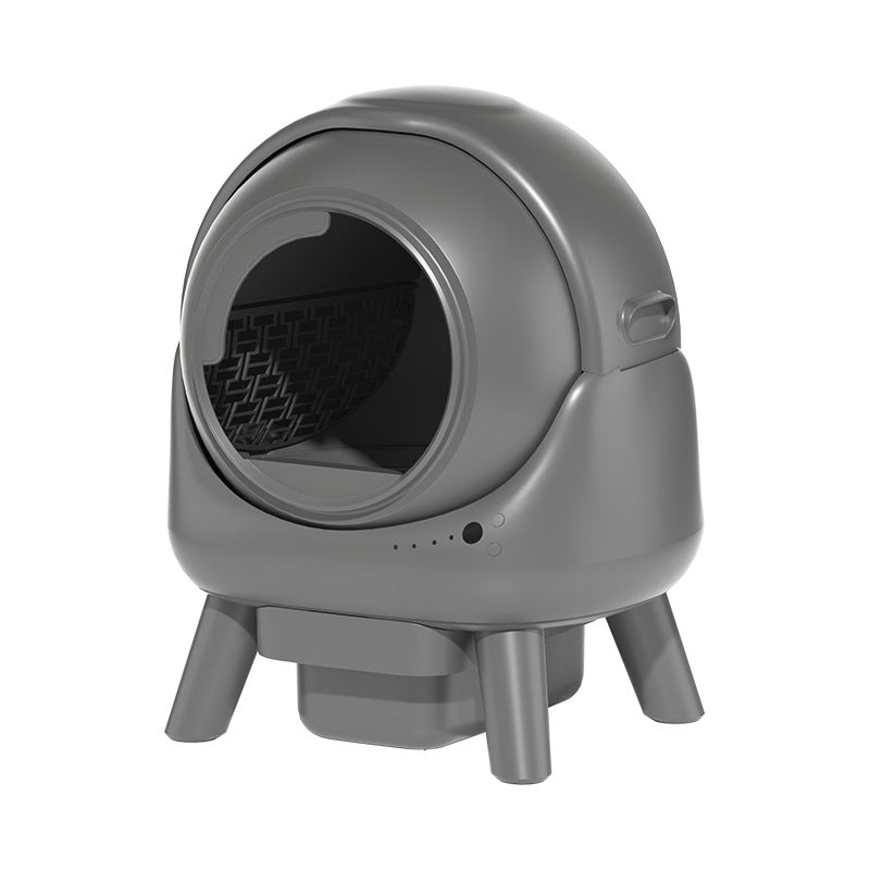 Gray pet litter box with a transparent door on a white background