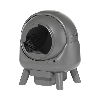 Gray pet litter box with a transparent door on a white background