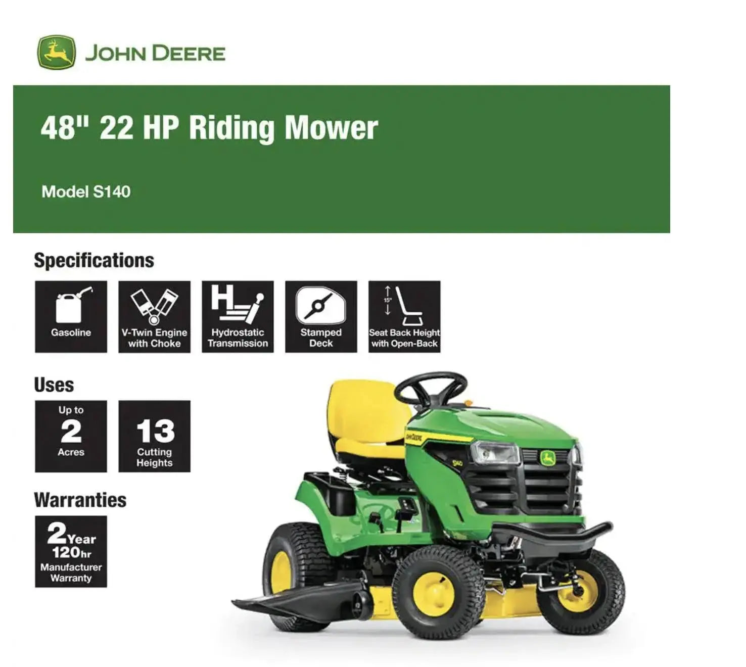 John Deere S140 48-in 22-HP V-Twin Gas Lawn Tractor John Deere